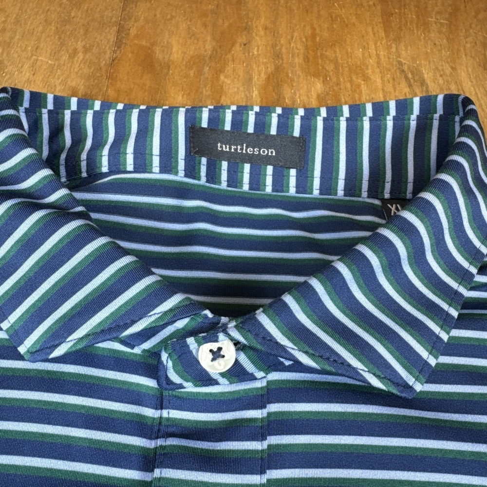 SOLD Turtleson Short Sleeve Golf Polo Shirt Mens XL Blue/Green Striped Logo - Picture 5 of 11